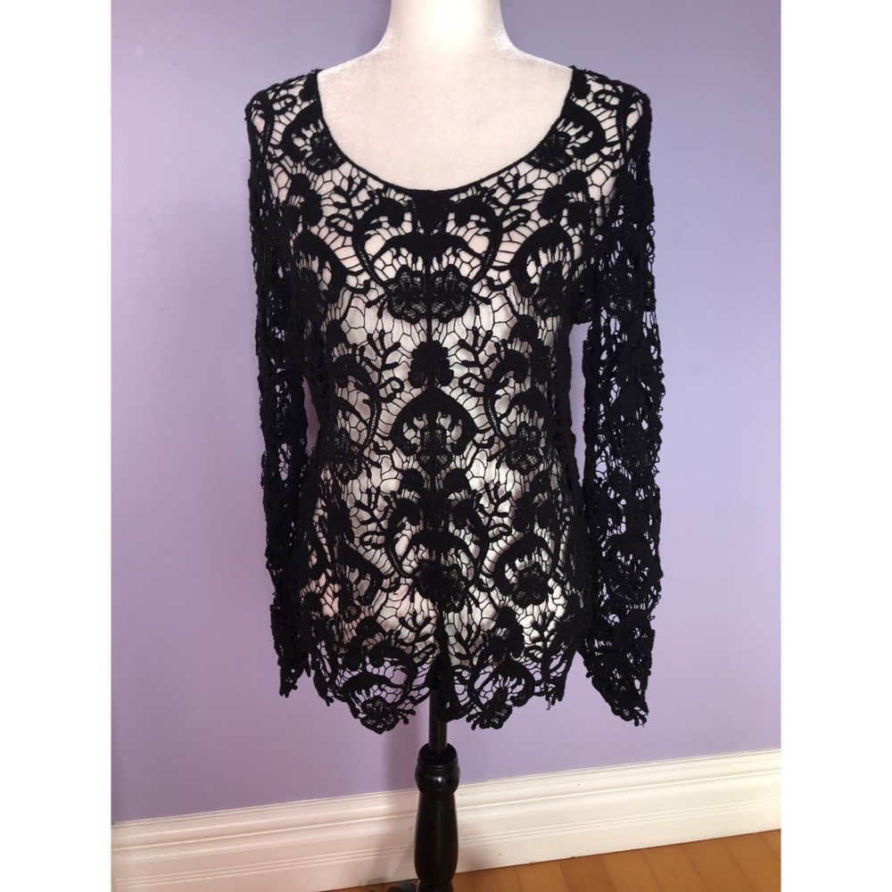 ANGIE black long sleeve sheer crochet blouse